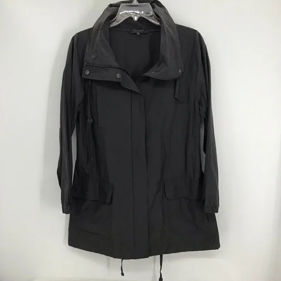 Eileen Fisher Light Weight Stand Collar Long Windbreaker Coat Charcoal Size XS